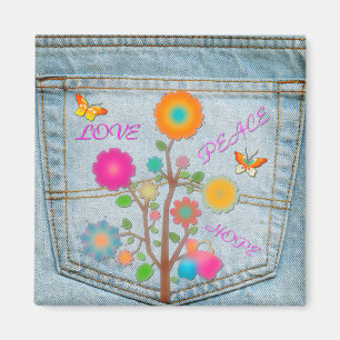 Denim Achterzak Bloemen Vrede Liefde Hoop Magneet