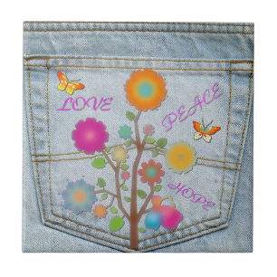 Denim Achterzak Bloemen Vrede Liefde Hoop Tegel Tegeltje