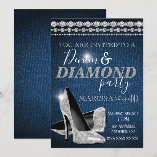 Denim and Diamond Birthday Party, elegant, hakken Kaart (Voorkant / Achterkant)