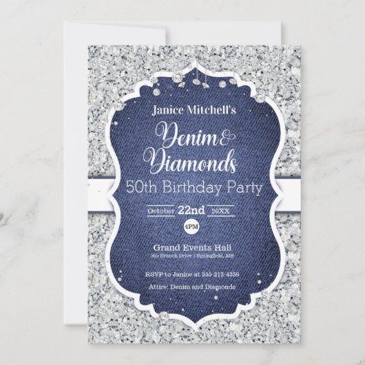 Denim and Diamonds Birthday Invitation Kaart (Voorkant)