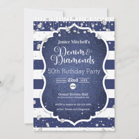 Denim and Diamonds Birthday Invitation Kaart (Voorkant)