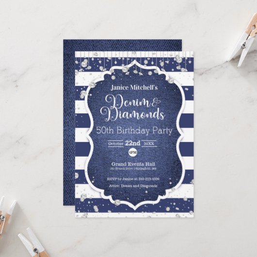 Denim and Diamonds Birthday Invitation Kaart (Voorkant / Achterkant in situ)