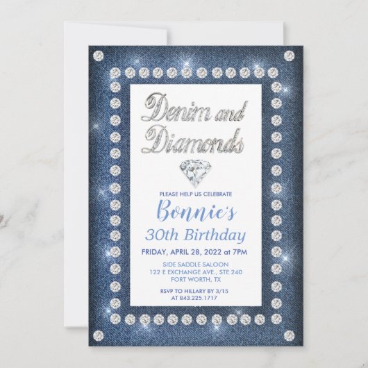 Denim and Diamonds Birthday Invitation Kaart (Voorkant)