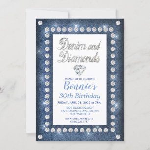Denim and Diamonds Birthday Invitation Kaart