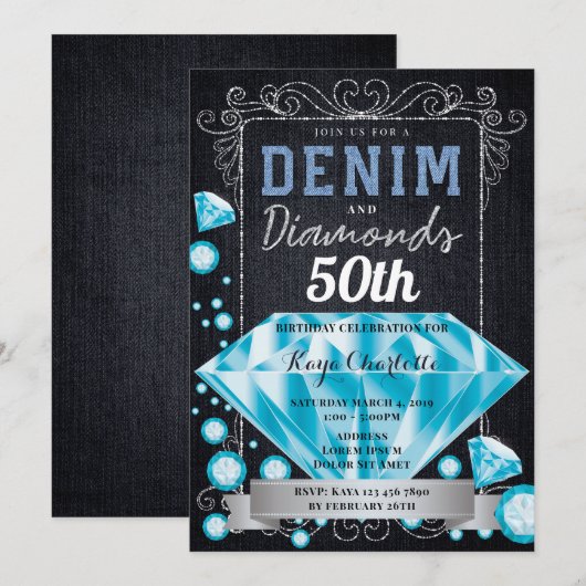 Denim and Diamonds Birthday Invitation Kaart (Voorkant / Achterkant)