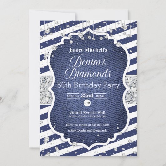Denim and Diamonds Birthday Invitation Kaart (Voorkant)