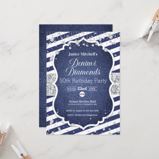 Denim and Diamonds Birthday Invitation Kaart (Voorkant / Achterkant in situ)