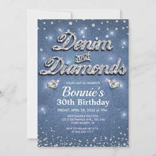 Denim and Diamonds Birthday Invitation Kaart (Voorkant)