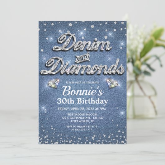 Denim and Diamonds Birthday Invitation Kaart (Staand voorkant)