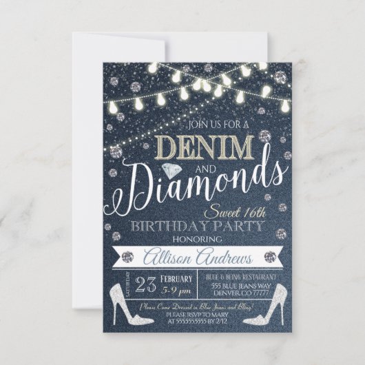  Denim and Diamonds Birthday Party Invitation Kaart (Voorkant)