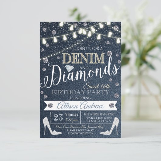  Denim and Diamonds Birthday Party Invitation Kaart (Staand voorkant)
