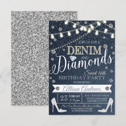  Denim and Diamonds Birthday Party Invitation Kaart (Voorkant / Achterkant)