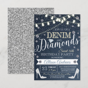  Denim and Diamonds Birthday Party Invitation Kaart