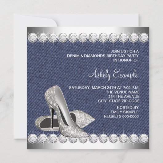 Denim and Diamonds Birthday Party Invitations Kaart (Achterkant)