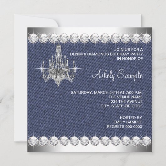 Denim and Diamonds Birthday Party Invitations Kaart (Achterkant)