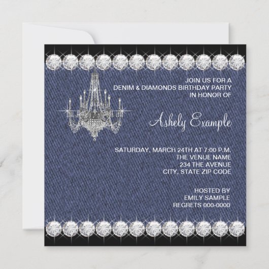 Denim and Diamonds Birthday Party Invitations Kaart (Achterkant)