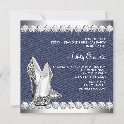 Denim and Diamonds Birthday Party Kaart (Achterkant)