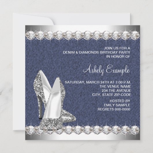 Denim and Diamonds Birthday Party Kaart (Achterkant)