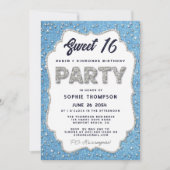 Denim and Diamonds Glitter Lijst Sweet 16 Party Kaart (Voorkant)
