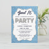 Denim and Diamonds Glitter Lijst Sweet 16 Party Kaart (Staand voorkant)