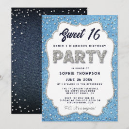 Denim and Diamonds Glitter Lijst Sweet 16 Party Kaart