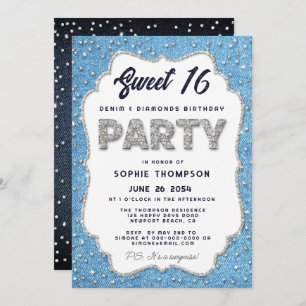 Denim and Diamonds Glitter Lijst Sweet 16 Party Kaart
