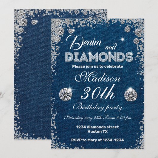 Denim and Diamonds nodigt Chic Birthday Party uit Kaart (Voorkant / Achterkant)