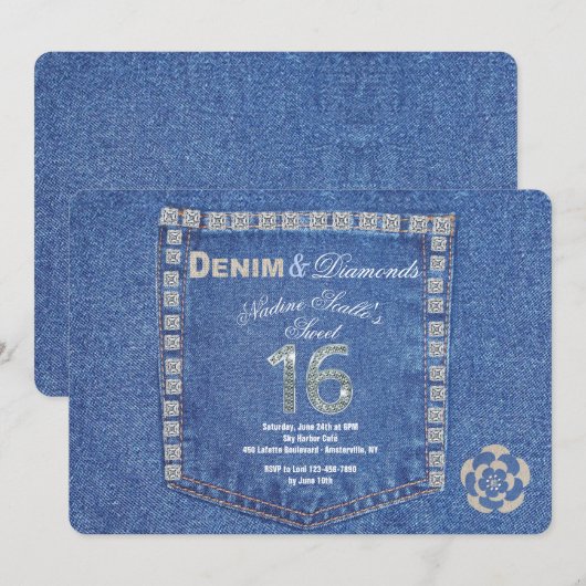 Denim and Diamonds Sweet Sixteen Birthday Kaart (Voorkant / Achterkant)