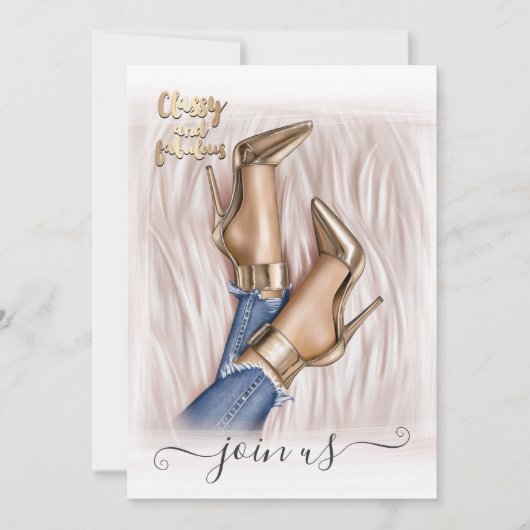 Denim and Gold Fashionista Bachelorette Invitation Kaart (Voorkant)