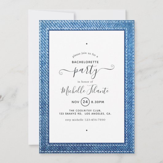 Denim and Gold Fashionista Bachelorette Invitation Kaart (Achterkant)