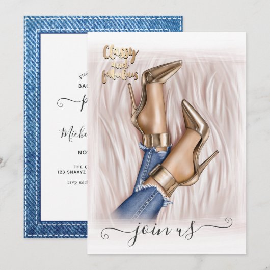 Denim and Gold Fashionista Bachelorette Invitation Kaart (Voorkant / Achterkant)