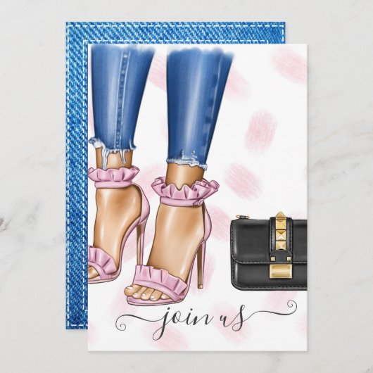 Denim and Pink Floral Bachelorette Party Kaart (Voorkant / Achterkant)