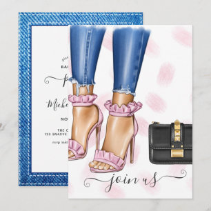 Denim and Pink Floral Bachelorette Party Kaart