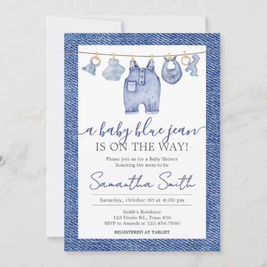 Denim Baby Blue Jean Baby shower Kaart (Voorkant)