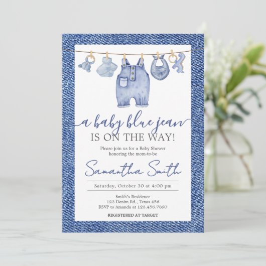 Denim Baby Blue Jean Baby shower Kaart (Staand voorkant)