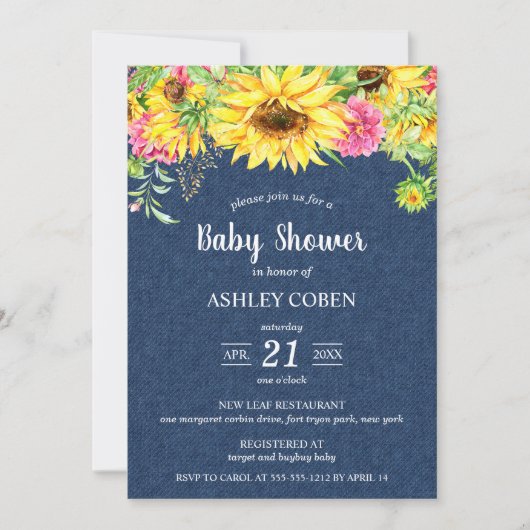 Denim Baby shower Uitnodiging met zonnebloemen (Voorkant)
