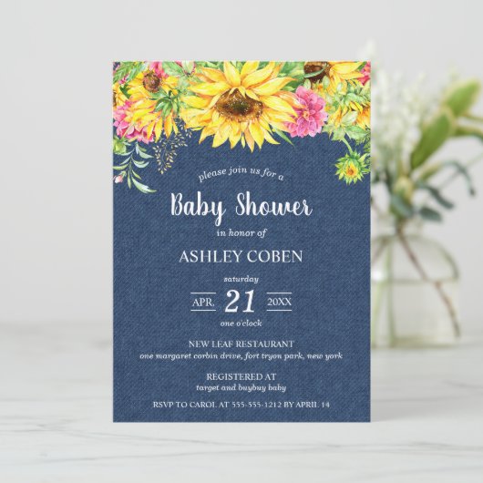 Denim Baby shower Uitnodiging met zonnebloemen (Staand voorkant)