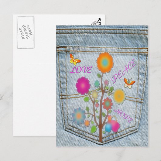 Denim Back Pocket Flower Peace Love Post Kaart (Voorkant / Achterkant)