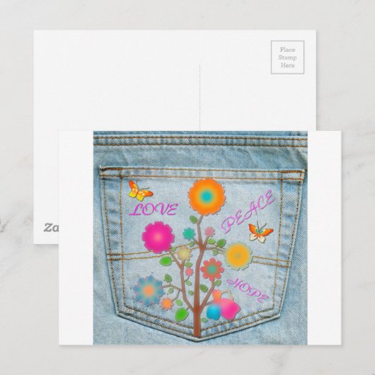 Denim Back Pocket Flowers Peace Love Hope Briefkaart (Voorkant / Achterkant)