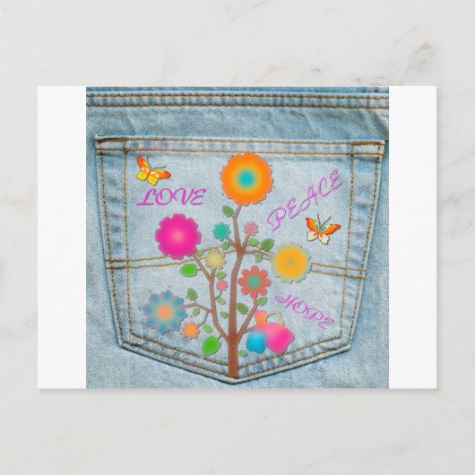Denim Back Pocket Flowers Peace Love Hope Briefkaart (Voorkant)