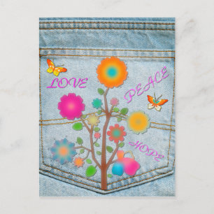 Denim Back Pocket Flowers Peace Love Hope Briefkaart