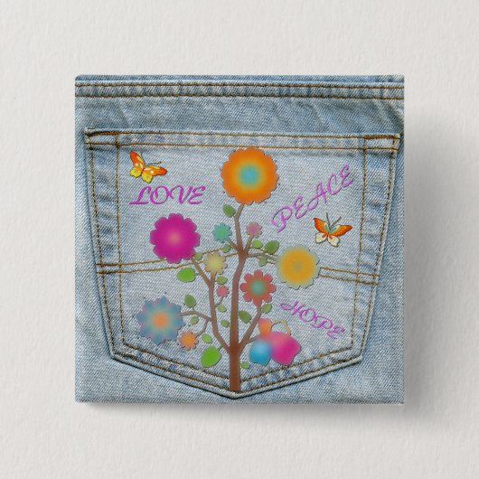 Denim Back Pocket Flowers Peace Love Hope Button (Voorkant)