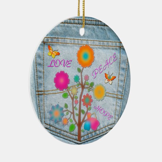 Denim Back Pocket Flowers Peace Love Hope Keramisch Ornament (Rechts)