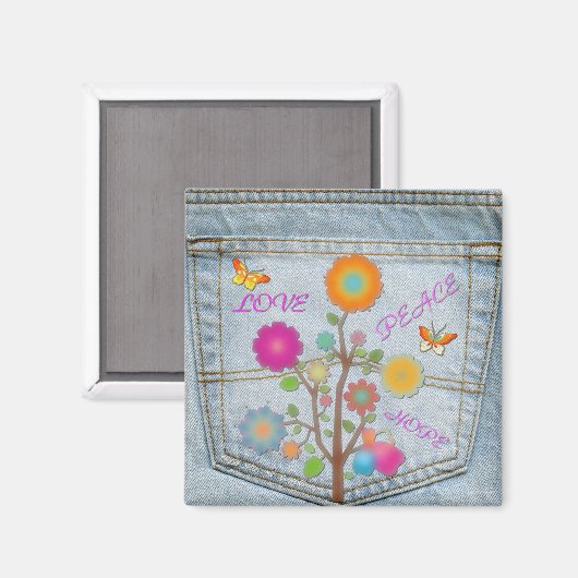 Denim Back Pocket Flowers Peace Love Hope Magneet (Voorkant / Achterkant)