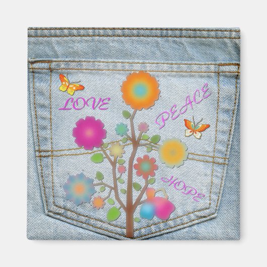 Denim Back Pocket Flowers Peace Love Hope Magneet (Voorkant)