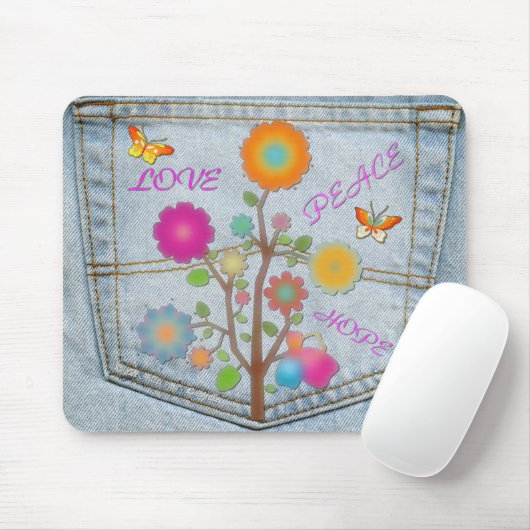 Denim Back Pocket Flowers Peace Love Hope Muismat (Met muis)