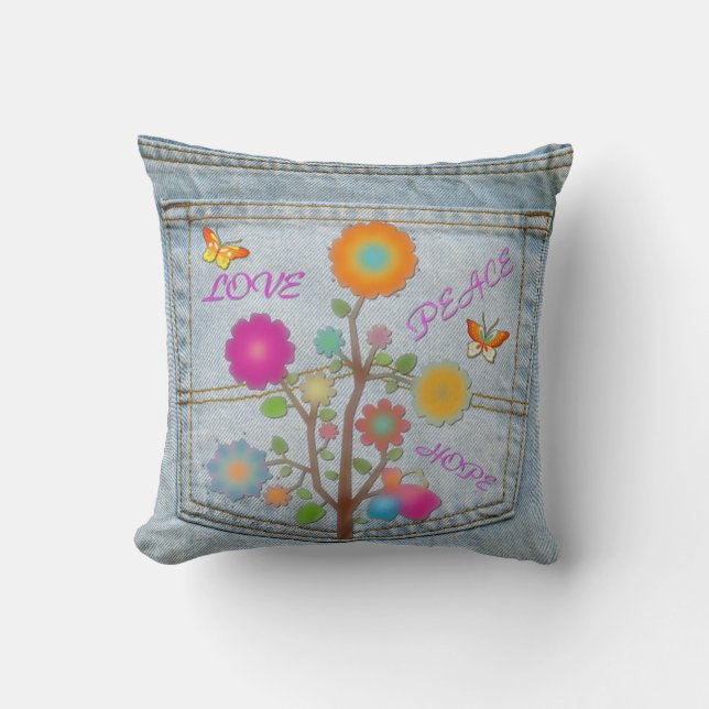 Denim Back Pocket Flowers Peace Love Hope Pillow Kussen (Voorkant)