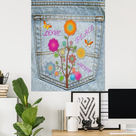 Denim Back Pocket Flowers Peace Love Hope Poster (Thuiskantoor)
