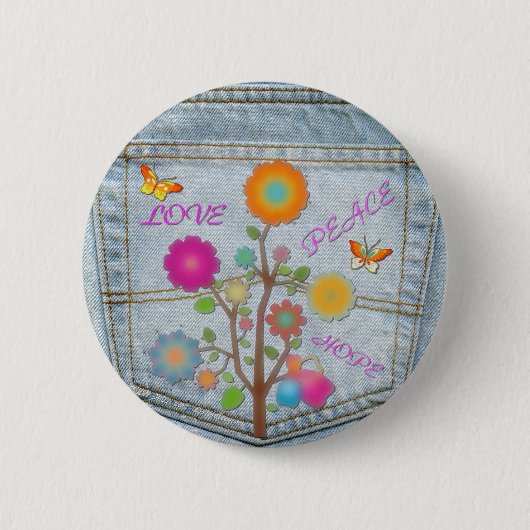 Denim Back Pocket Flowers Peace Love Hope Ronde Button 5,7 Cm (Voorkant)