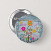 Denim Back Pocket Flowers Peace Love Hope Ronde Button 5,7 Cm (Voorkant /achterkant)